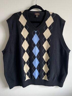 Argyle Sweater 100% Cotton Golf Vest with Blue & Cream Diamonds by Tasso Elba